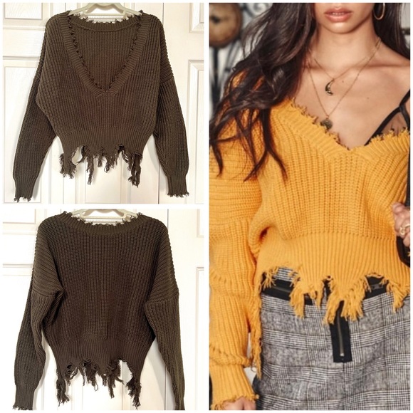 BSBW Sweaters - LF Store BSBW Olive Green Distressed Cropped Long Sleeve Sweater